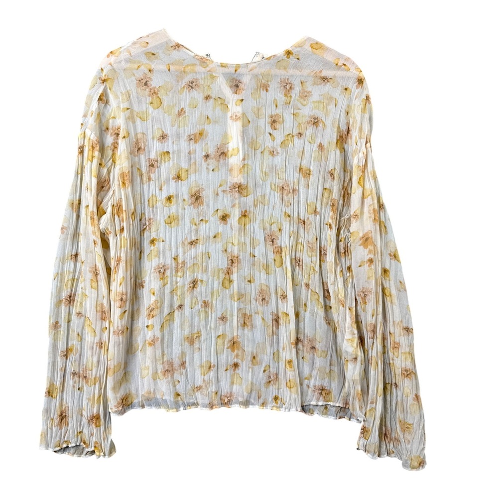 Vince Womens Sheer Pleated Floral Plisse Blouse White Yellow Long‎ Sleeve Size M